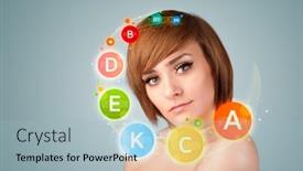  Presentation with vitamin - Amazing slide set having pretty young girl with colorful vitamin icons and symbols on gradient background backdrop and a light blue colored foreground