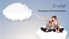  Presentation with cloud - Colorful PPT theme enhanced with pretty young girls sitting on cloud and thinking of abstract speech bubble with copy space backdrop and a light blue colored foreground
