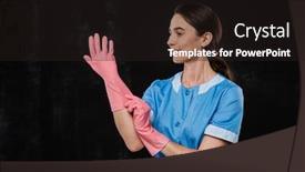  Presentation with rubber gloves - Audience pleasing theme consisting of pretty-young-hotel-room-service backdrop and a dark gray colored foreground