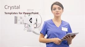  Presentation with intern - Presentation design featuring pretty young intern in uniform standing in front of camera while searching for online information in touchpad background and a lemonade colored foreground