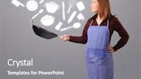  Presentation with metal accessories - Presentation design enhanced with pretty young lady with kitchen accessories icons background and a gray colored foreground