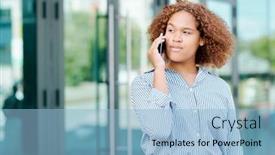  Presentation with consulting - Cool new presentation theme with pretty young mixed-race businesswoman talking on smartphone while consulting one of clients outdoors backdrop and a light blue colored foreground