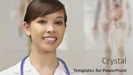  Presentation with anatomy - Presentation theme featuring pretty young nurse with a stethoscope shot in a hospital with human anatomy charts out of focus behind her background and a mint green colored foreground