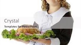  Presentation with pilgrim - Colorful slide deck enhanced with pretty young pilgrim looking up in thanksgiving as she carries a cooked fowl on a bed of veggies on a white background backdrop and a white colored foreground