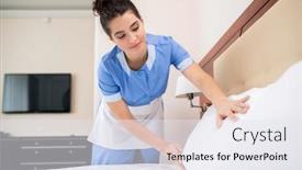  Presentation with bed hotel - Beautiful slide deck featuring pretty young professional chamber maid putting white clean pillows while bending over bed in hotel room backdrop and a sky blue colored foreground