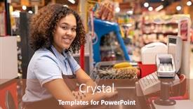  Presentation with apron - Beautiful PPT theme featuring pretty-young-sales-clerk backdrop and a red colored foreground