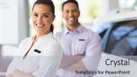 Presentation with migrant worker - Theme with pretty young saleswoman with co background and a light blue colored foreground