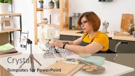 Presentation with front desk - PPT theme featuring pretty-young-seamstress-sitting background and a lemonade colored foreground