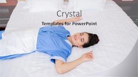  Presentation with bed hotel - PPT theme featuring pretty young serene woman in uniform relaxing on white clean soft bed in one of hotel rooms while enjoying break background and a white colored foreground