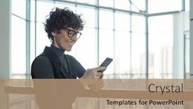  Presentation with scrolling - PPT theme enhanced with pretty-young-smiling-businesswoman-scrolling background and a coral colored foreground