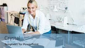  Presentation with scrolling - Slide deck consisting of pretty-young-smiling-fashion-designer background and a light blue colored foreground