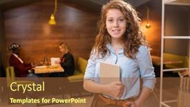  Presentation with gadget - PPT theme having pretty young smiling student with mobile gadget standing in front of camera in cafe on background of working groupmates background and a tawny brown colored foreground