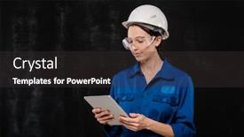  Presentation with isolation - Audience pleasing PPT theme consisting of pretty-young-technician-in-hardhat backdrop and a dark gray colored foreground