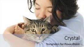  Presentation with woven - Amazing slide set having pretty young teen snuggling eyes closed with her pet in a woven shoulder bag on a white background backdrop and a light blue colored foreground