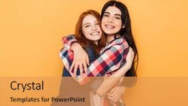  Presentation with teenage - Amazing presentation design having pretty young teenage girls hugging backdrop and a yellow colored foreground