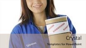 Presentation with donation - Audience pleasing slides consisting of pretty young volunteer happily holding out a donation can for your contribution on a white background backdrop and a coral colored foreground