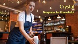  Presentation with looking glass - PPT theme having pretty-young-waitress-in-workwear background and a tawny brown colored foreground