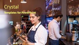  Presentation with scrolling - Slide set featuring pretty-young-waitress-with-tablet background and a tawny brown colored foreground