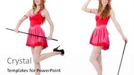  Presentation with wizard - Colorful PPT theme enhanced with pretty young wizard in mini pink dress isolated on white backdrop and a white colored foreground
