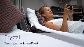  Presentation with first - Theme consisting of pretty-young-woman-abord background and a sky blue colored foreground