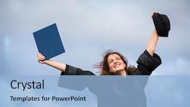  Presentation with diploma - Colorful presentation enhanced with pretty young woman celebrating joyfully backdrop and a  colored foreground