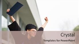  Presentation with happy image - Slide set having pretty young woman celebrating joyfully background and a coral colored foreground