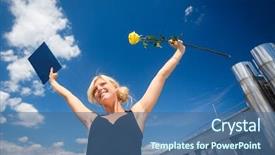  Presentation with diploma - Colorful slide set enhanced with pretty young woman celebrating joyfully backdrop and a ocean colored foreground