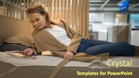  Presentation with modern color - Beautiful PPT layouts featuring pretty-young-woman-choosing backdrop and a violet colored foreground