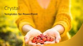  Presentation with nata de coco tropical fruit - Slide set with pretty-young-woman-collecting-rosehip background and a gold colored foreground