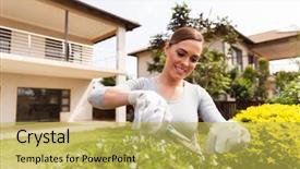  Presentation with home garden - Cool new slides with pretty young woman cutting plants in home garden backdrop and a yellow colored foreground
