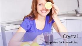  Presentation with black tea - Slides featuring pretty young woman drinking black tea with lemons in the kitchen at home background and a light blue colored foreground