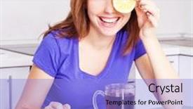  Presentation with black tea - Slides consisting of pretty young woman drinking black tea with lemons in the kitchen at home background and a light blue colored foreground