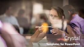  Presentation with office life - PPT theme consisting of pretty-young-woman-eating-sushi background and a violet colored foreground