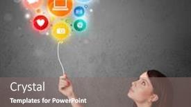  Presentation with balloon - Cool new presentation theme with pretty young woman holding colorful social media icons balloon backdrop and a gray colored foreground