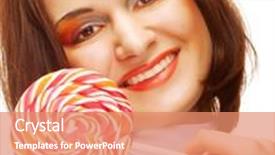  Presentation with lolly - Colorful PPT theme enhanced with pretty young woman holding lolly pop isolated on white backdrop and a coral colored foreground