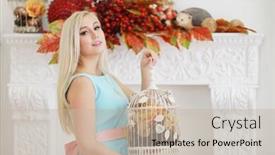  Presentation with cage - Cool new PPT theme with pretty young woman in dress poses with cage with cones and dry foliage in studio backdrop and a mint green colored foreground