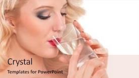  Presentation with drinking glass - Amazing presentation design having pretty young woman in purple t-shirt is holding glass of water beautiful blonde long-haired girl is drinking water from a glass backdrop and a coral colored foreground