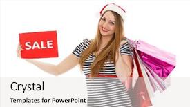  Presentation with christmas sale - PPT theme featuring pretty young woman in santa's hat with shopping bags stands on a white background christmas sale background and a light gray colored foreground