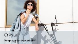  Presentation with motorbike - Slides enhanced with pretty young woman in sunglasses posing while standing against a wall outdoors with a motorbike background and a light blue colored foreground