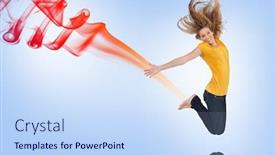  Presentation with joy - Beautiful presentation design featuring pretty young woman jumping for joy with red and purple smoke trail on blue background backdrop and a sky blue colored foreground