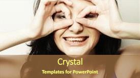  Presentation with binocular - Presentation theme having pretty young woman looking for something with wide open eyes and imaginary binocular background and a red colored foreground