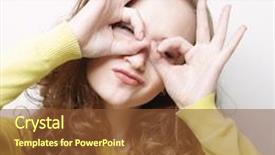  Presentation with binocular - Presentation theme featuring pretty young woman looking for something with wide open eyes and imaginary binocular background and a tawny brown colored foreground