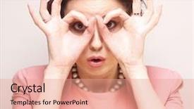  Presentation with binocular - Presentation design consisting of pretty young woman looking for something with wide open eyes and imaginary binocular background and a coral colored foreground
