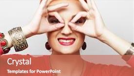  Presentation with binocular - Beautiful PPT theme featuring pretty young woman looking for something with wide open eyes and imaginary binocular backdrop and a coral colored foreground