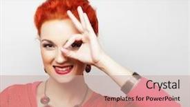  Presentation with binocular - Audience pleasing slide deck consisting of pretty young woman looking for something with wide open eyes and imaginary binocular backdrop and a coral colored foreground