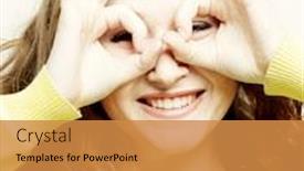  Presentation with binocular - Amazing PPT layouts having pretty young woman looking for something with wide open eyes and imaginary binocular backdrop and a gold colored foreground