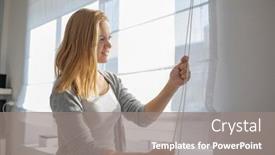  Presentation with interior - PPT theme featuring pretty-young-woman-lowering background and a gray colored foreground