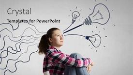  Presentation with decision making - Cool new presentation theme with pretty young woman making decision with arrows coming out of her head backdrop and a light gray colored foreground