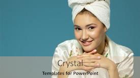  Presentation with anti aging - Colorful presentation enhanced with pretty-young-woman-morning-procedures backdrop and a coral colored foreground