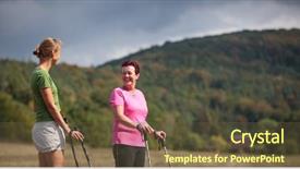  Presentation with walking exercise - Presentation theme with pretty young woman nordic walking background and a tawny brown colored foreground